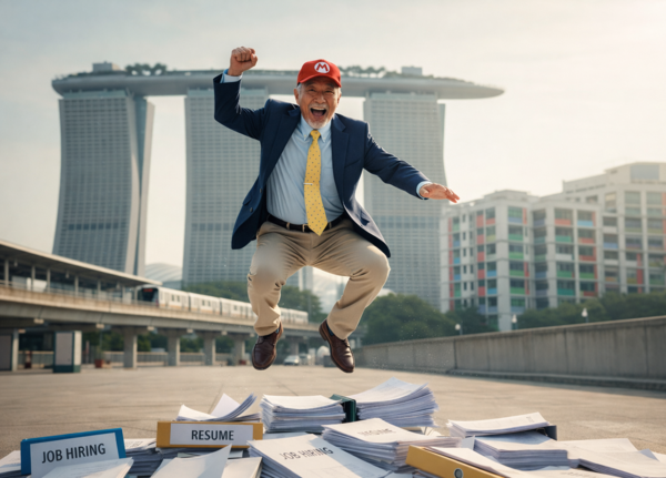 Senior businessman jumping over stacks of resumes with Marina Bay Sands in background, competitive job market and post-retirement career concept.