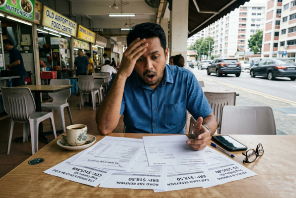Worried Singapore man calculating car loan and expenses at hawker centre with documents and bills spread out