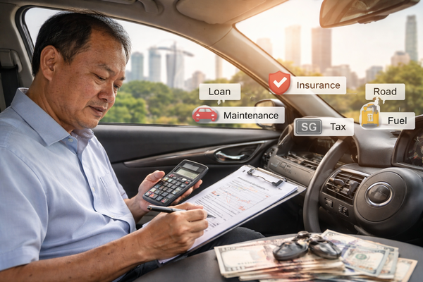 Singapore driver calculating total car ownership costs including loan, insurance, tax, fuel and maintenance inside vehicle