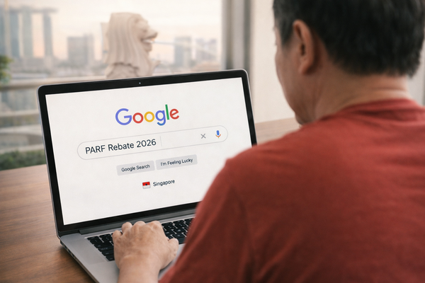 Man searching “PARF Rebate 2026 Singapore” on Google using laptop with city skyline in background