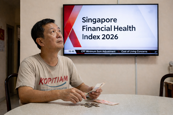 Singapore retiree counting cash while watching financial health index and cost of living news