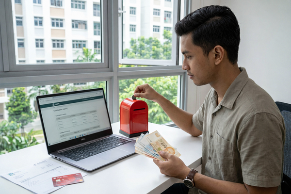Young man in Singapore managing savings and budgeting cash with online banking on laptop