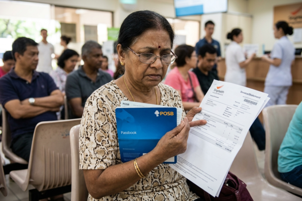 Elderly woman in Singapore reviewing medical bill and bank passbook in clinic waiting area