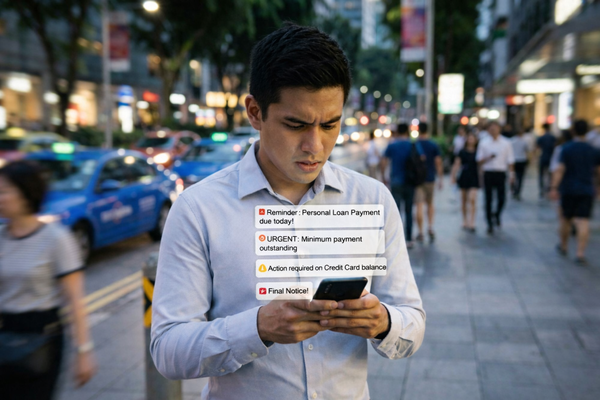 Man checking phone with urgent loan and credit card debt payment reminders in Singapore