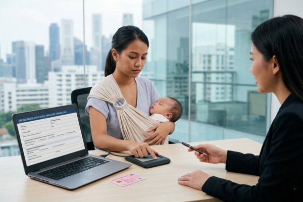 Young mother with baby discussing life insurance coverage and financial planning with advisor in Singapore