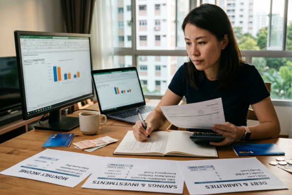 Woman reviewing expenses, savings, debt and investments while budgeting at home in Singapore