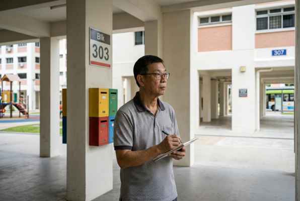 Senior man standing at HDB block corridor taking notes while inspecting potential BTO flat location in Singapore
