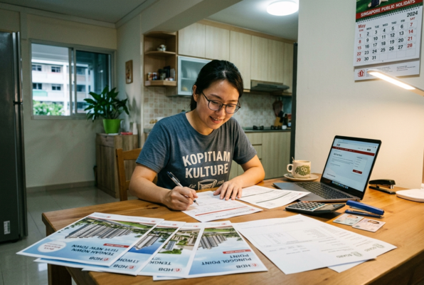 Woman completing BTO flat application forms with documents and laptop on table in home setting