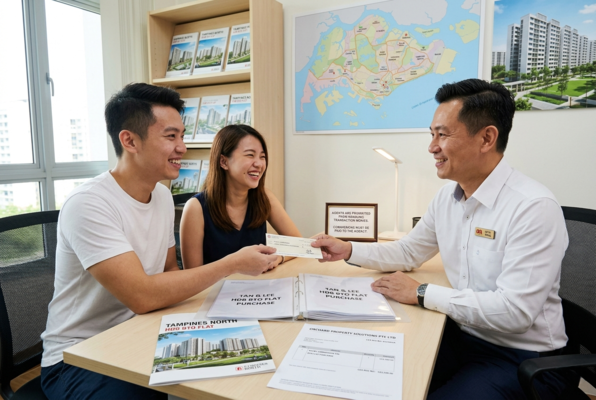 Young couple meeting property agent to submit cheque and discuss BTO flat purchase and housing options