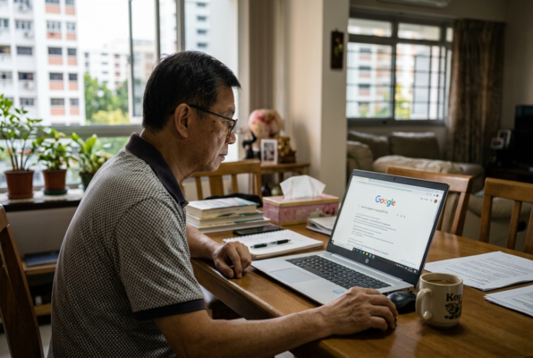 Middle-aged man using laptop at home searching online for BTO flat application and housing information in Singapore