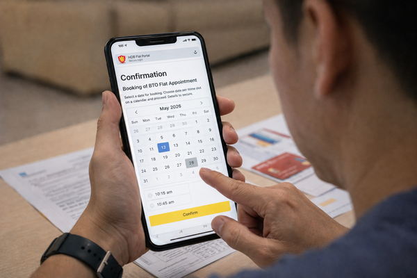 Person using smartphone to confirm BTO flat booking appointment date through online HDB portal