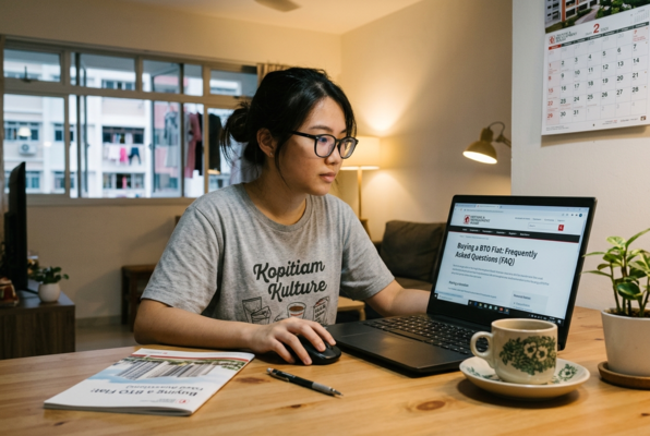 Young woman working on laptop reviewing BTO flat frequently asked questions and application details at home