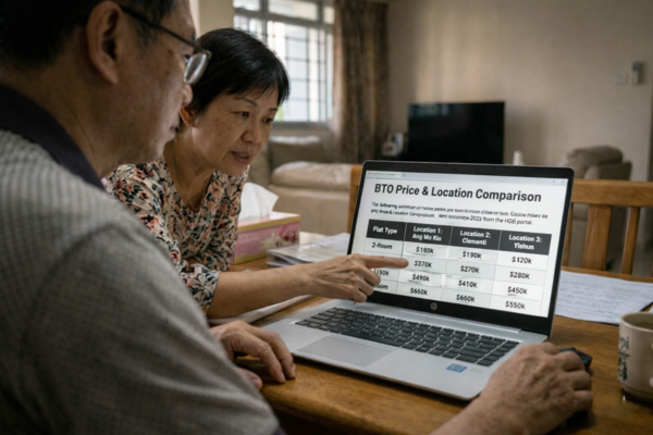 Elderly couple reviewing BTO flat price and location comparison on laptop while planning housing purchase