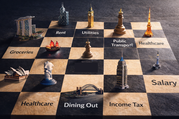Cost of living comparison in Singapore showing expenses like rent, utilities, groceries, healthcare, and income tax concept