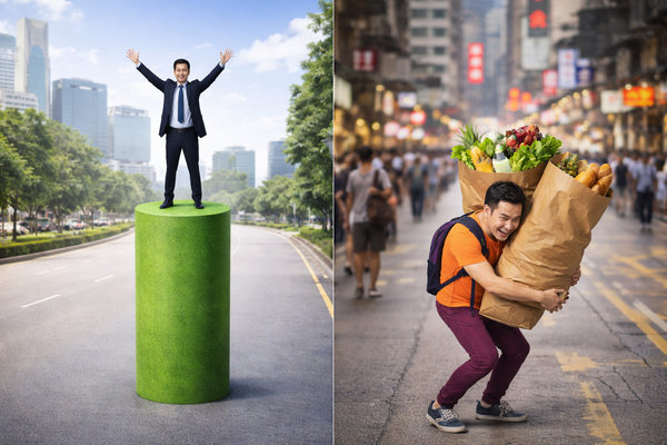 Income vs cost of living comparison showing high salary professional versus person struggling with grocery expenses in city