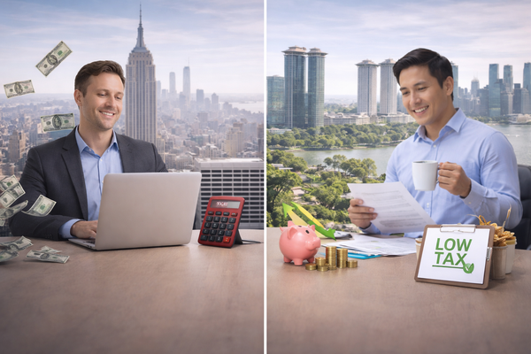 Income and savings comparison between New York and Singapore with low tax benefits and financial planning concept