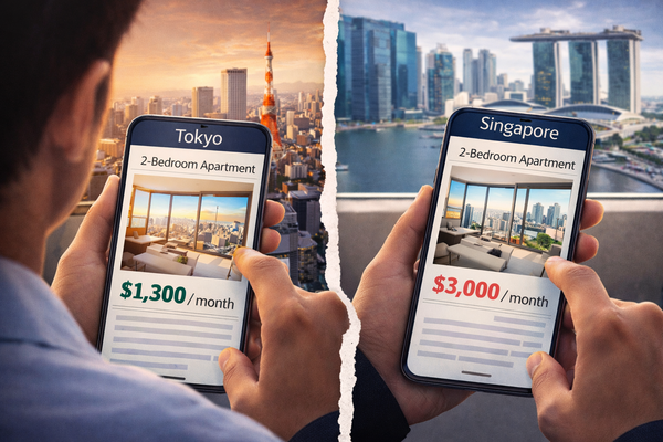 Apartment rental price comparison Tokyo vs Singapore showing monthly cost difference for two-bedroom apartments