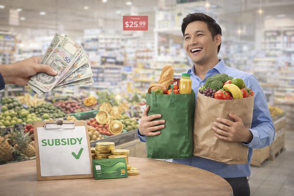 Government subsidy support for groceries with shopper receiving financial aid and food items in supermarket