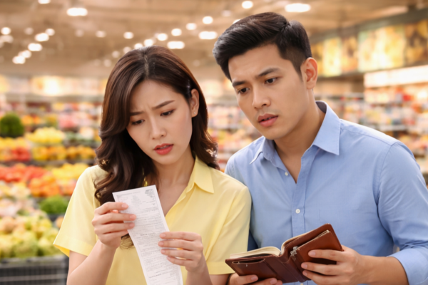 Couple reviewing grocery receipt and expenses looking concerned about rising cost of living in supermarket
