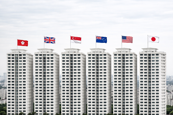 International housing comparison with residential buildings and country flags including Hong Kong, UK, Singapore, US, and Japan