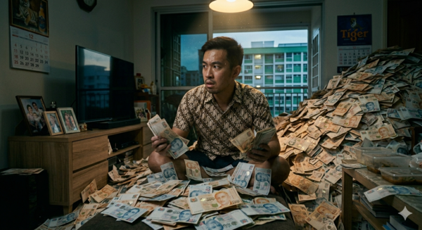 Man surrounded by large piles of cash at home, illustrating cash hoarding, savings habits, and personal finance management risks