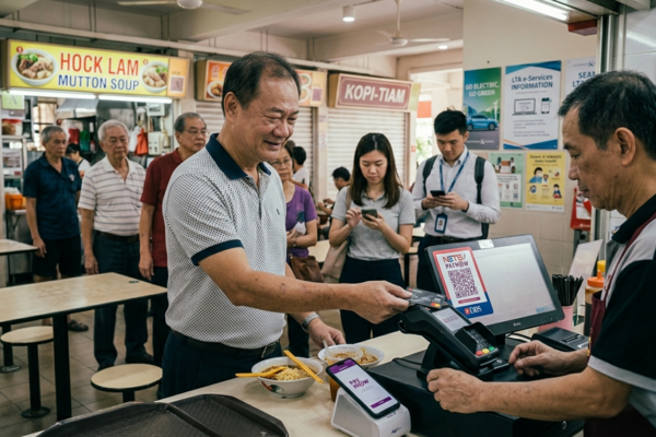 Man making cashless payment with card at Singapore hawker centre, showing daily spending and money management