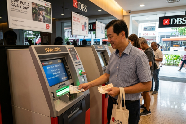 Man withdrawing money from DBS ATM machine in Singapore, demonstrating everyday banking and cash management