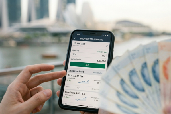 User viewing ETF investment portfolio on smartphone while holding cash, illustrating personal finance and investing in Singapore