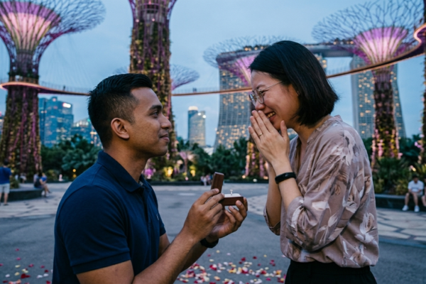 Man proposing to woman at Gardens by the Bay Singapore, symbolizing major life milestone and financial planning for couples