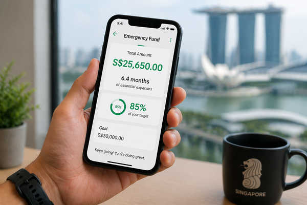 Person holding smartphone showing emergency fund savings progress app with Singapore skyline in background