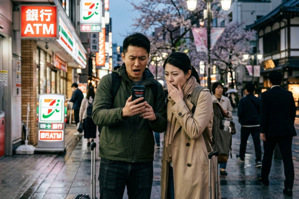 Couple looking worried at smartphone on city street, representing financial stress, expenses, or banking issues while traveling