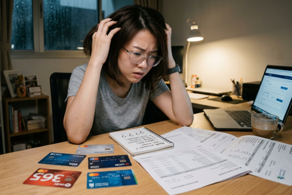 Woman stressed reviewing bills, credit cards, and expenses at home, representing personal finance and budgeting challenges