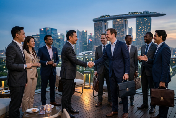 Business professionals networking and shaking hands at rooftop event in Singapore with city skyline at sunset