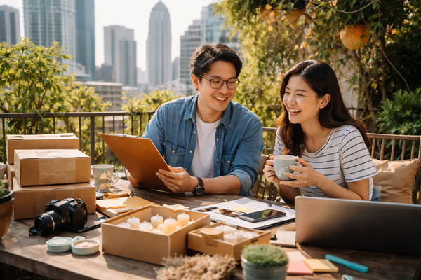 Small business owners managing online shop orders and inventory outdoors with laptop and packaging boxes in city setting