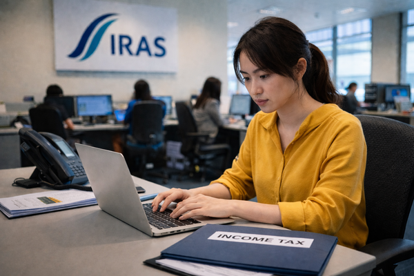 Woman filing income tax at IRAS office using laptop with income tax documents in Singapore workplace