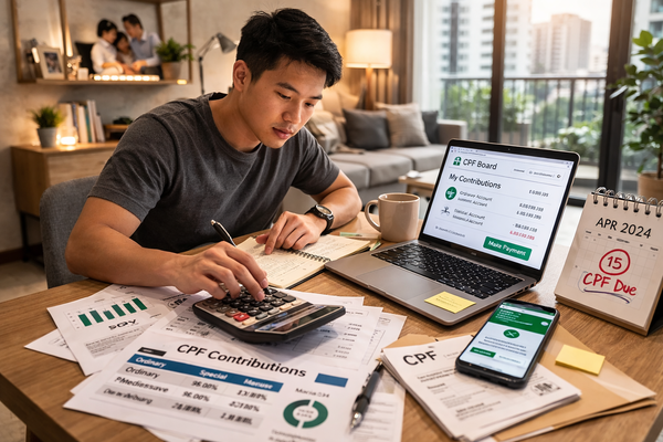 Freelancer calculating CPF contributions and income tax on laptop and calculator with financial documents at home desk