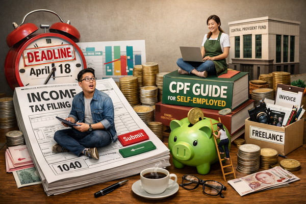 CPF guide for self-employed persons with income tax filing deadline concept, coins, piggy bank, and financial documents