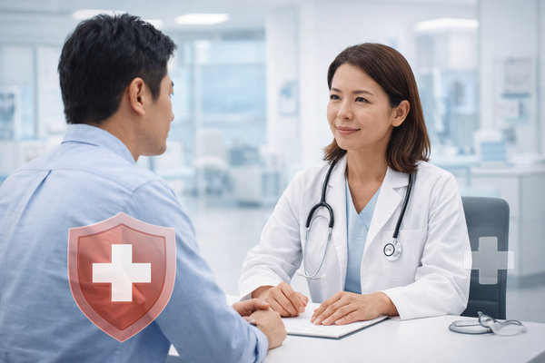 Doctor consulting patient about health insurance coverage and medical protection plan in clinic