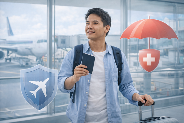 Traveler at airport with passport and luggage protected by travel insurance and medical coverage icons