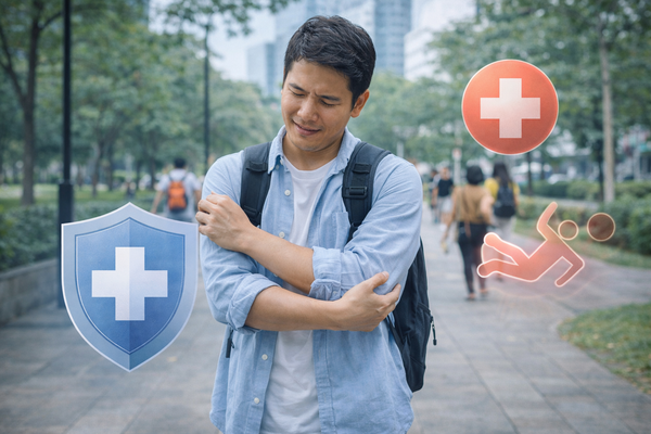 Man with arm injury illustrating personal accident insurance and medical coverage protection outdoors