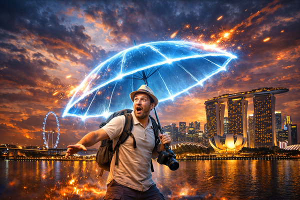 Insurance protection concept with glowing umbrella shielding traveler in Singapore skyline at night