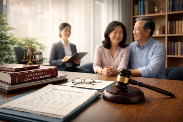 Estate planning consultation with lawyer and Asian couple reviewing will documents and Singapore legal framework