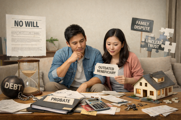 Young couple stressed over probate issues, debt, and outdated beneficiary documents without a will