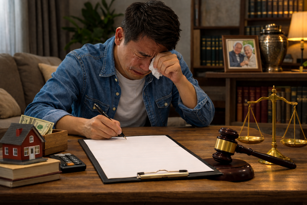 Emotional man struggling with estate paperwork and inheritance decisions after family loss