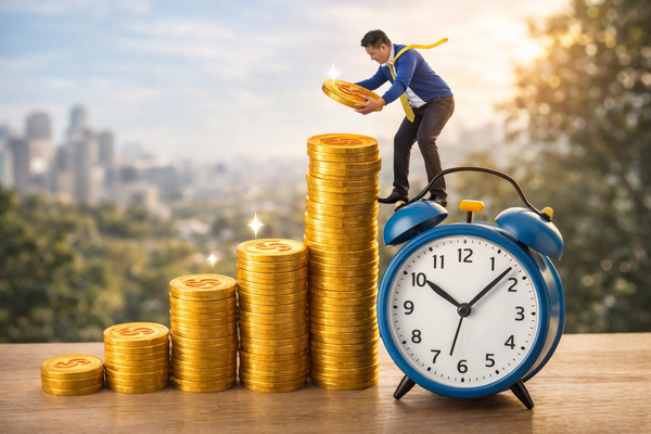 Man stacking gold coins beside alarm clock, symbolizing time-based investing, compound interest, and long-term wealth growth strategy