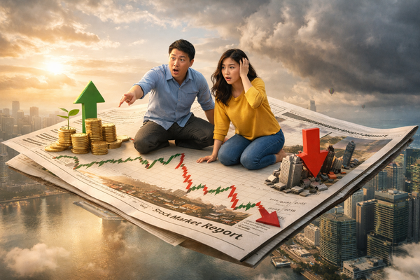Couple reacting to stock market volatility with rising and falling charts, highlighting investment risks, market trends, and financial decision-making