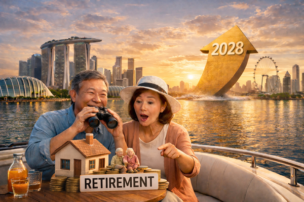 Retired couple planning finances with Singapore skyline and growth projection for 2028, representing retirement planning and CPF investment growth