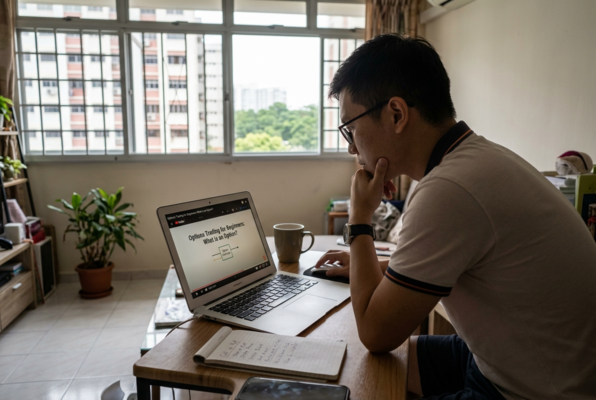 Man watching online lesson on options trading basics on laptop, learning financial markets from home.