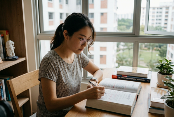 Woman studying finance book at desk by window, learning investing and options trading concepts at home.