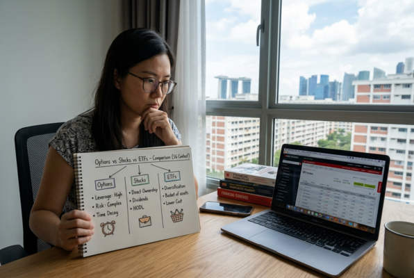 Woman comparing options vs stocks using handwritten notes and laptop, researching investment strategies and risk differences.